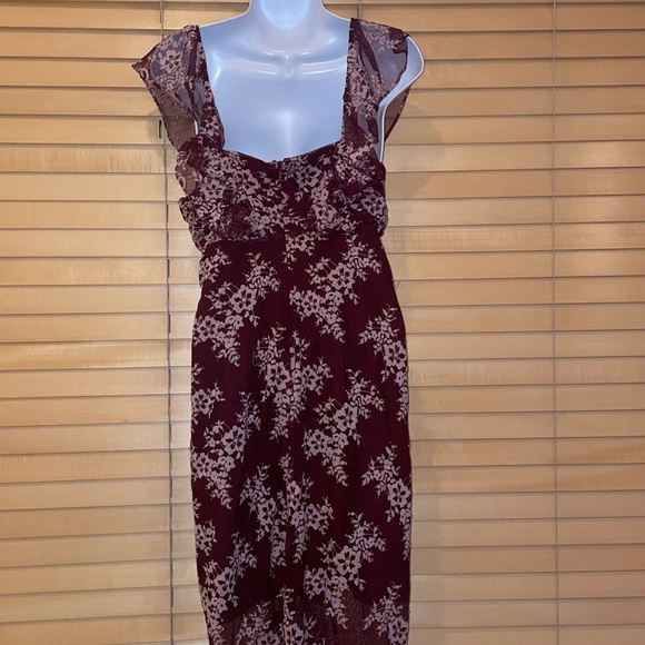 WAYF Marie Burgundy Floral Print Ruched Lace Ruffle Maxi Sheath Dress - Picture 10 of 12